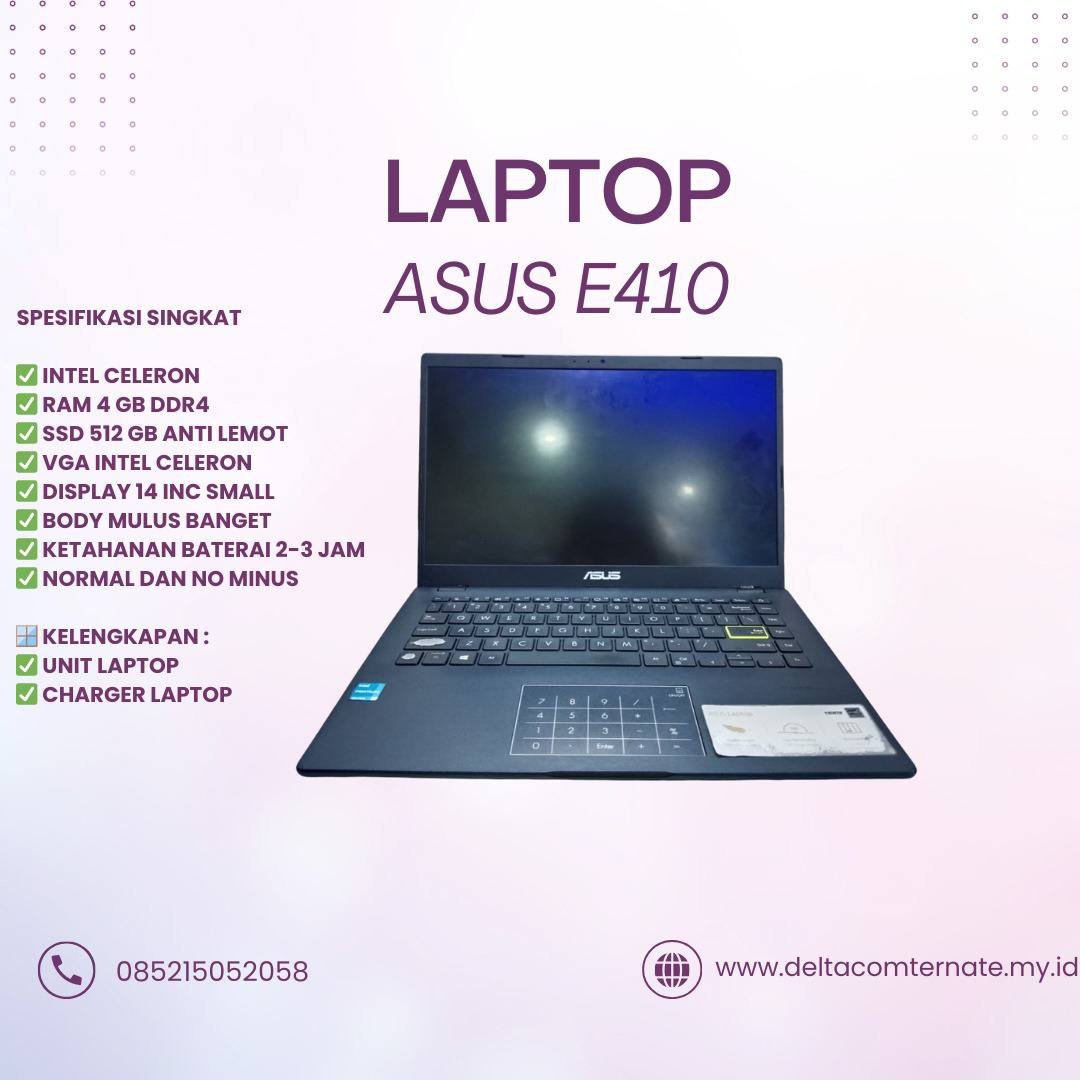 ASUS E410K INTEL CELLERON, RAM 4 GB SSD 512 GB LAPTOP TYPE BARU BODY SLIM ANTI LEMOT DISPLAY 14 INC MULUS
