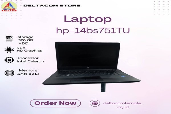 HP-14BS751TUINTEL CELERON RAM 4 GB SSD 320 GB ANTI LEMOT DISPLAY 14 INC MULUS TYPE BARU BODY SLIM