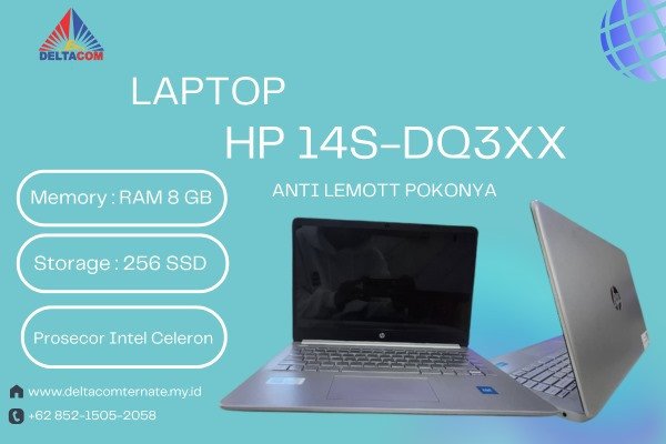 HP 14S-DQ3XX TYPE BARU BODY SLIM, PROSESOR INTEL CELERON RAM 8 GB SSD 256 GB DISPLAY 14 INC MULUS