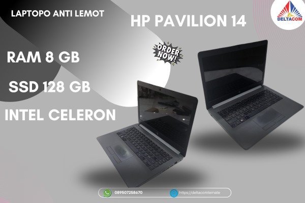 HP PAVILION 14 TYPE BARU BODY SLIM, PROSESOR INTEL CELERON RAM 8 GB SSD 128 GB DISPLAY 14 INC MULUS