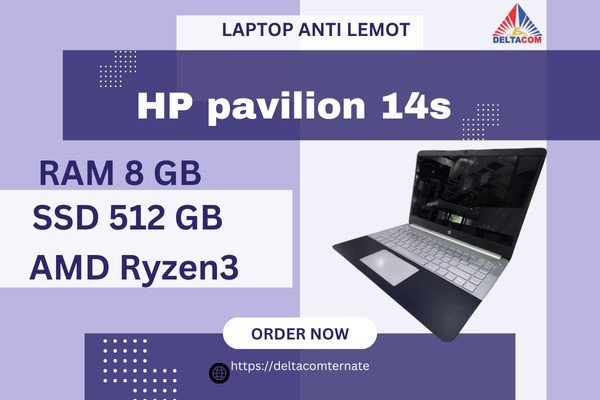 HP PAVILION 14S TYPE BARU BODY SLIM, PROSESOR AMD RYZEN 3 RAM 8 GB SSD 512 GB DISPLAY 14 INC MULUS