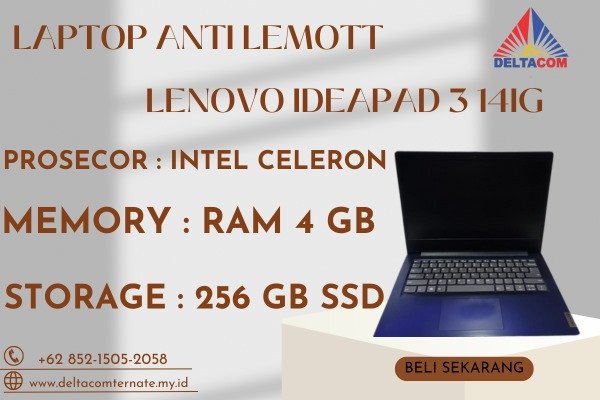 LENOVO IDEAPAD 3141G, TYPE BARU BODY SLIM, PROSESOR INTEL CELERON RAM 4 GB SSD 256 DISPLAY 14 INCH MULUS