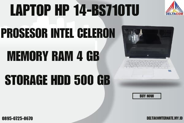 HP 14-BS710TU , TYPE BARU BODY SLIM, PROSESOR INTEL CELERON RAM 4 GB HDD 512 GB DISPLAY 14 INCH MULUS , WARNAH PUTIH , LECET SDIKIT