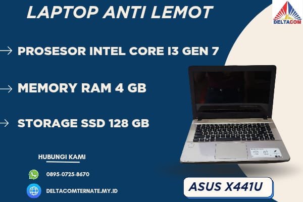 ASUS X441U , TYPE BARU BODY SLIM, PROSESOR INTEL CORE I3 GEN 7 MEMORY RAM 4 GB STORAGE SSD 128 GB DISPLAY 14 INCH MULUS , WARNAH HITAM, LECET SDIKIT