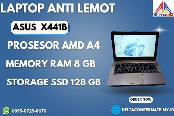 ASUS X441B , TYPE BARU BODY SLIM, PROSESOR AMD A4 MEMORY RAM 8 GB STORAGE SSD 128 GB DISPLAY 14 INCH MULUS , WARNAH HITAM, LECET SDIKIT,