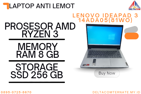 LENOVO IDEAPAD 3 14ADA05 (81WO), TYPE BARU BODY SLIM, PROSESOR AMD RYZEN 3 RAM 8 GB SSD 256 GB DISPLAY 14 INCH MULUS